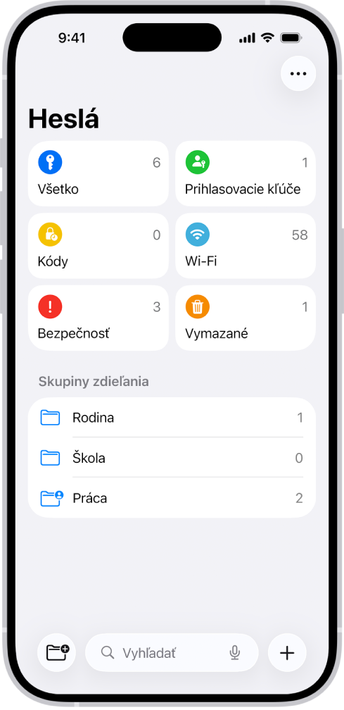 Plocha apky Heslá s tlačidlami Všetko, Prihlasovacie kľúče, Overovacie kódy, Wi-Fi, Bezpečnosť a Vymazané a so zoznamom Skupiny zdieľania.