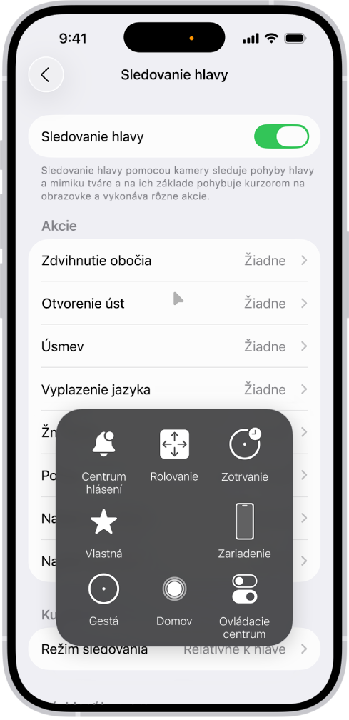 iPhone so zapnutým sledovaním hlavy. Zobrazuje sa menu AssistiveTouch s ovládacími prvkami Centrum hlásení, Rolovanie, Zotrvanie, Zariadenie, Ovládacie centrum, Domov, Gestá a Vlastné.