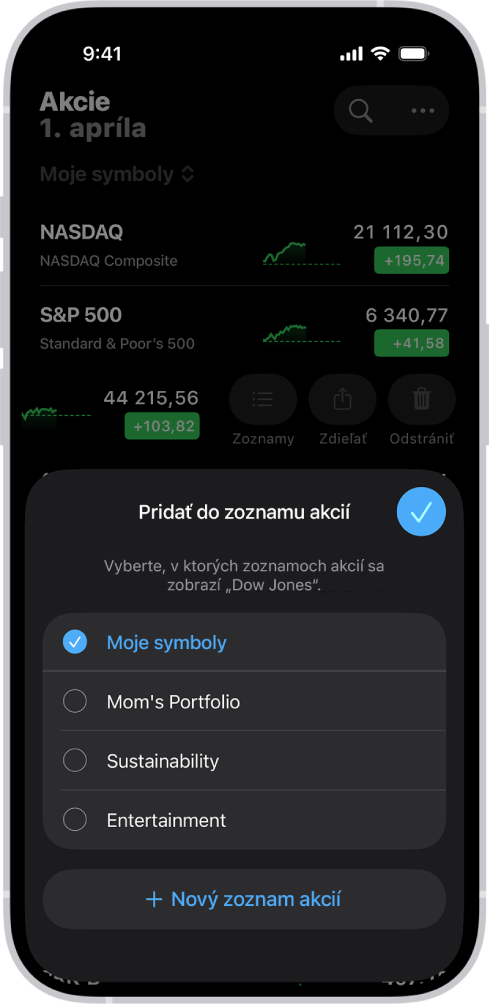 Zoznam prispôsobených zoznamov sledovaných akcií v apke Akcie: Moje symboly, Mamine portfólio, Udržateľnosť a Zábava.