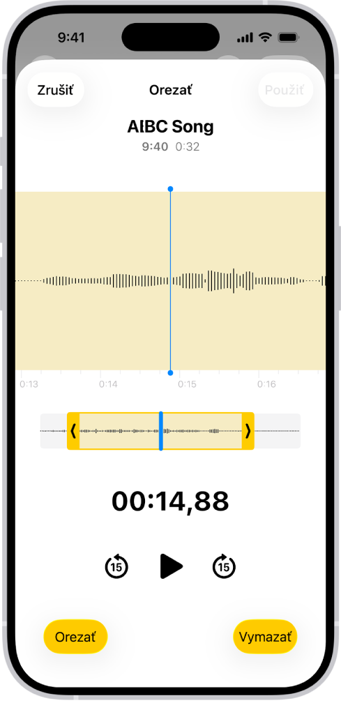 Upravovaná nahrávka so žltými úchytmi orezania označujúcimi časť audiovlnovky v spodnej časti obrazovky. Tlačidlo Prehrať a časovač nahrávania sa nachádzajú pod vlnovkou. Úchyty orezania sa nachádzajú pod tlačidlom Prehrať. Vedľa tlačidla Prehrať sa nachádza tlačidlo Orezať (slúži na vymazanie časti nahrávky mimo úchytov) a tlačidlo Vymazať (slúži na vymazanie časti nahrávky medzi úchytmi).