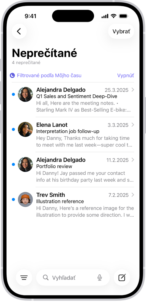 Schránka Prijaté so zoznamom správ. Nad zoznamom správ je text Filtrované podľa Môjho času, napravo od neho je možnosť Vypnúť.