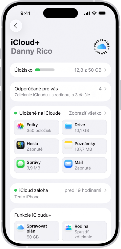 Obrazovka nastavení iCloudu zobrazujúca indikátor stavu úložiska na iCloude a zoznam apiek a funkcií.