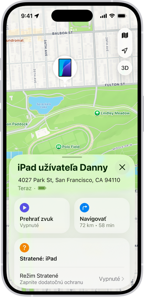 Obrazovka apky Nájsť zobrazujúca polohu iPadu na mape v hornej časti obrazovky.