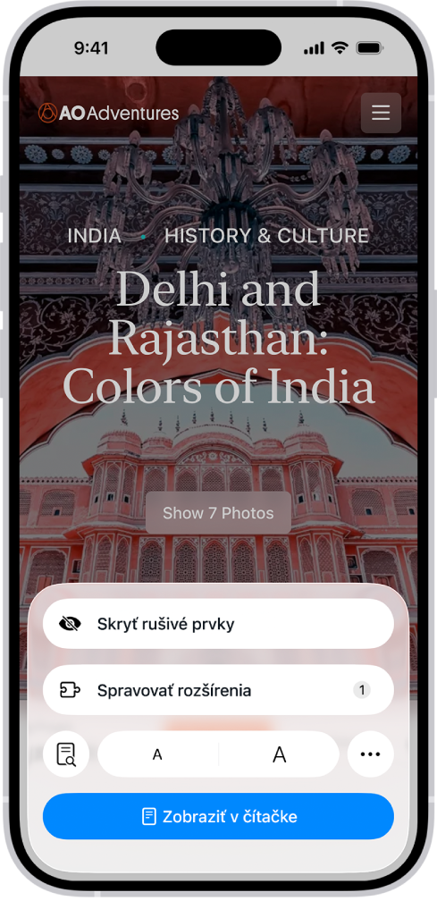 V apke Safari sa po klepnutí na tlačidlo Menu stránky na webovej stránke zobrazili v dolnej časti obrazovky možnosti, ako napríklad Spravovať rozšírenia.