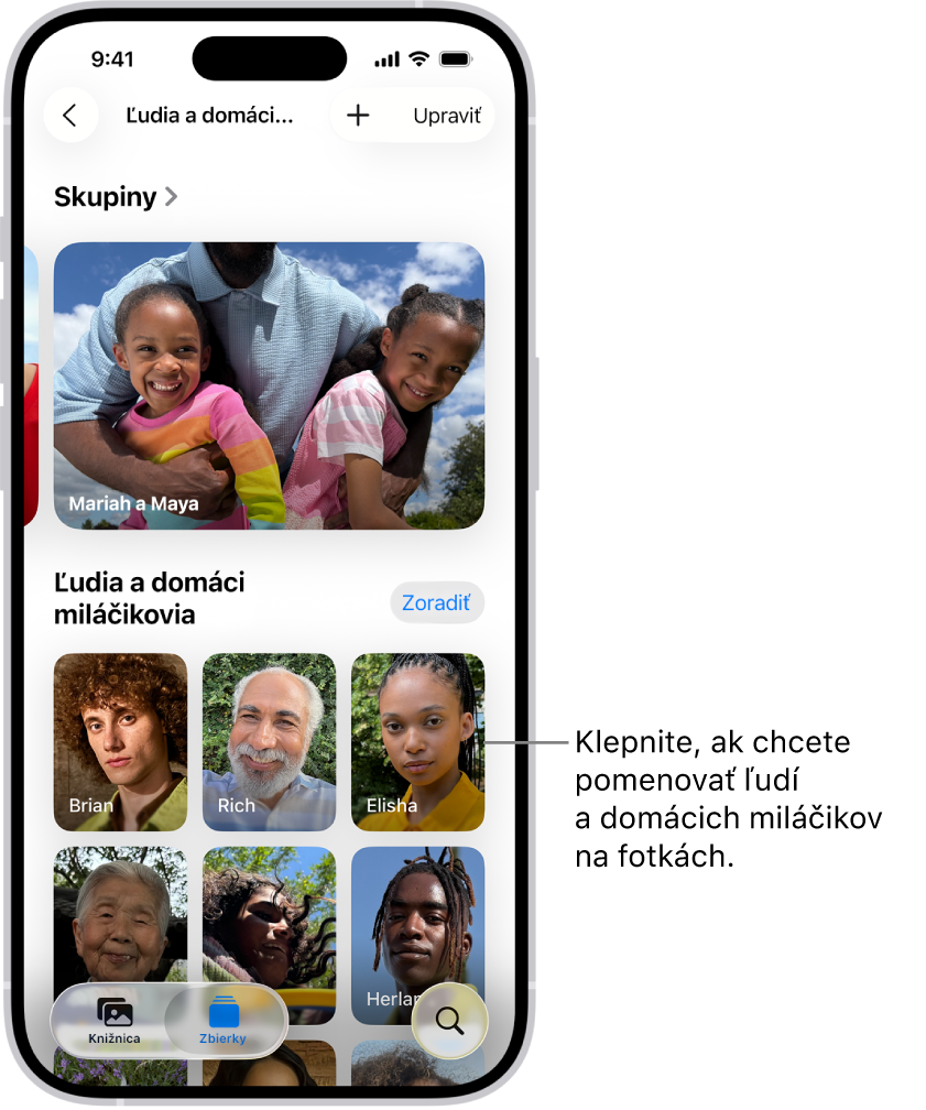 Zbierka Ľudia a domáci miláčikovia v apke Fotky. V hornej časti sú skupiny a pod tým sú uvedení ľudia a domáci miláčikovia.
