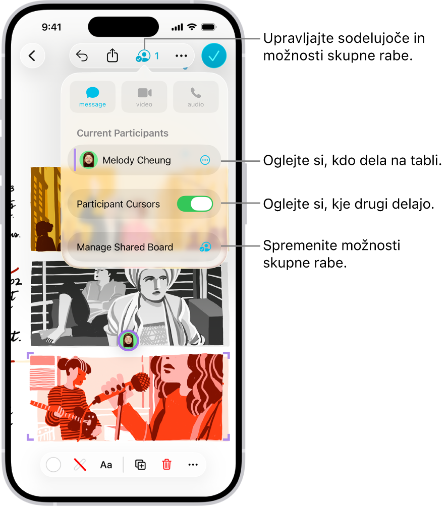 Deljena tabla Freeform v iPhonu z odprtim menijem za sodelovanje.