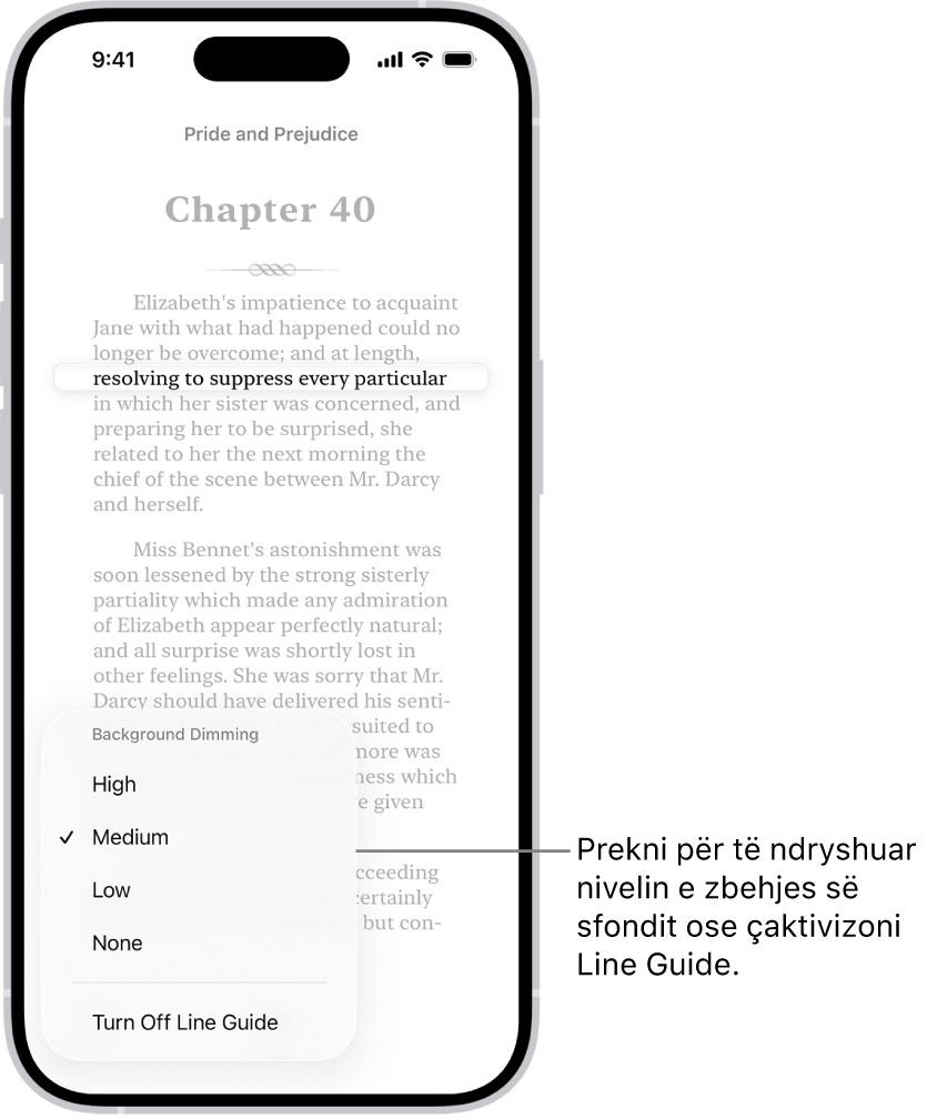 Një faqe e një libri në aplikacionin Books. Një rresht i vetëm teksti theksohet dhe pjesa tjetër e tekstit zbehet. Në këndin poshtë majtas të ekranit është butoni Line Guide Menu.
