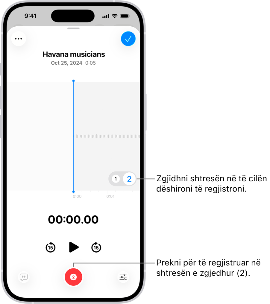 Ekrani për regjistrimin e një shtrese të dytë në Voice Memos.
