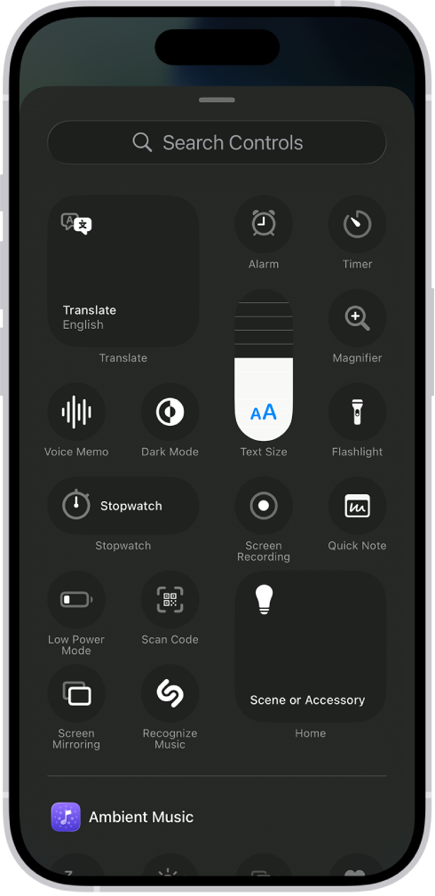 Galeria e kontrolleve, e cila tregon të gjitha kontrollet e disponueshme të Control Center.
