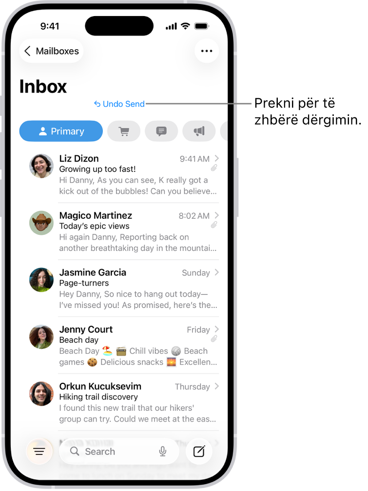 Kutia hyrëse që shfaq një listë të mesazheve. Butoni Undo Send (për të tërhequr një mesazh të dërguar së fundi) është në qendër të pjesës së poshtme të ekranit.