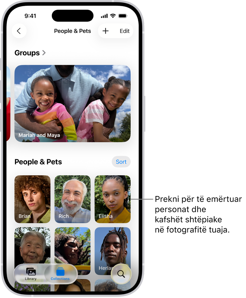 Koleksioni People & Pets në aplikacionin Photos. Grupet shfaqen në krye dhe njerëzit dhe kafshët shtëpiake janë renditur më poshtë.