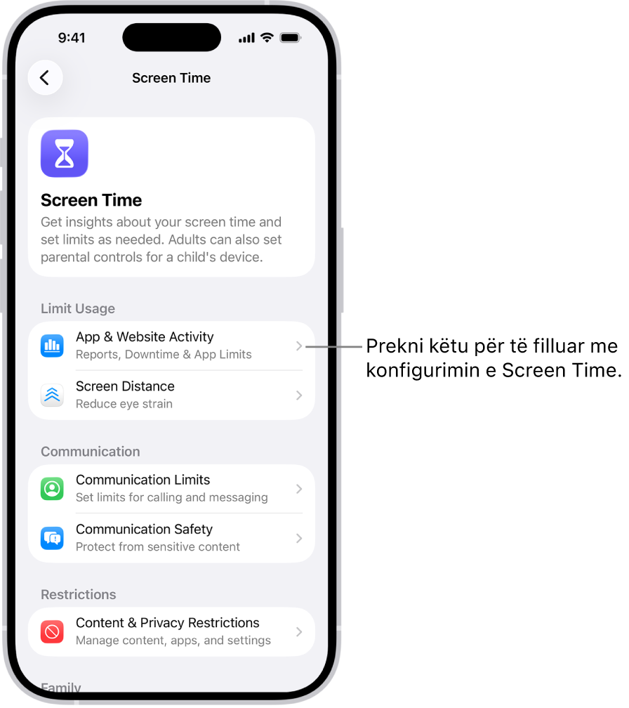 Ekrani për konfigurimin e Screen Time, duke shfaqur kur prekni App & Website Activity për të filluar.