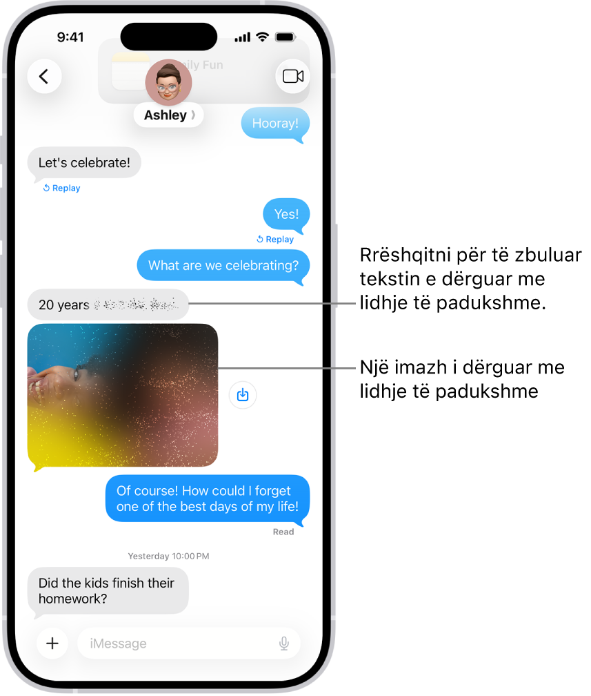 Një bisedë në Messages që përfshin një mesazh teksti dhe një fotografi të dërguar me efektin Invisible Ink.