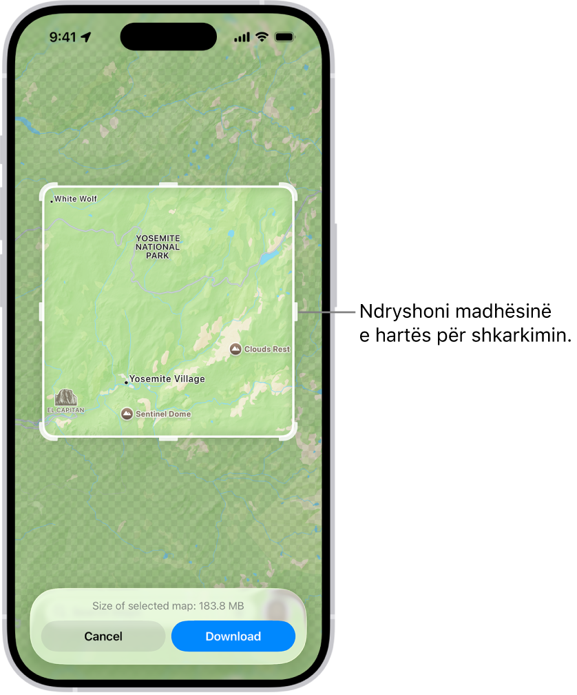 Një hartë e një parku kombëtar. Parku është i inkuadruar nga një drejtkëndësh me doreza, të cilat mund të lëvizen për të ndryshuar madhësinë e hartës për t'u shkarkuar. Madhësia e shkarkimit të hartës së zgjedhur tregohet afër fundit të hartës. Butonat Cancel dhe Download janë në fund të ekranit.