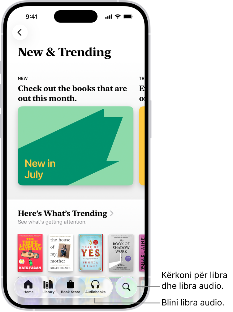 Ekrani i Book Store në aplikacionin Books. Në fund të ekranit janë, nga e majta në të djathtë, skedat Home, Library, Book Store, Audiobooks dhe Search. Është zgjedhur skeda Book Store.