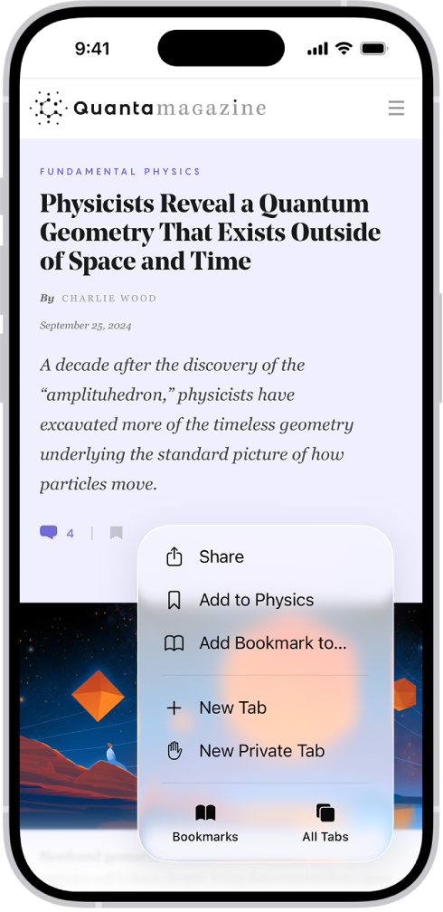 Ekrani Bookmarks dhe All Tabs në aplikacionin Safari, me opsionet për të ndarë, për të shtuar në një dosje specifike, për të shtuar në një dosje sipas zgjedhjes suaj, për të shtuar një skedë të re dhe për të shtuar një skedë të re private.