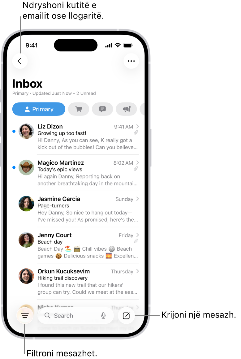 Mail Inbox, duke shfaqur një listë me emaile.
