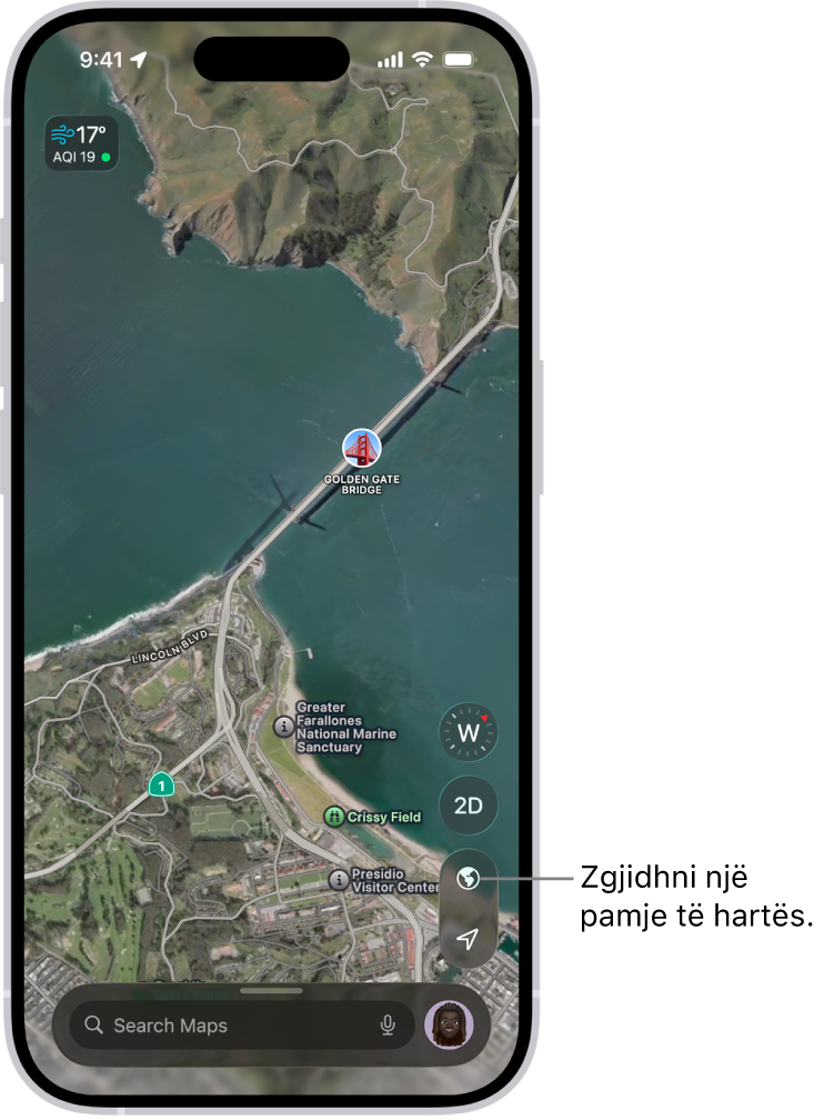 Një hartë 3D e rrugëve dhe e parkut që tregon pemët, pikat e interesit dhe vendndodhjet si banjat.