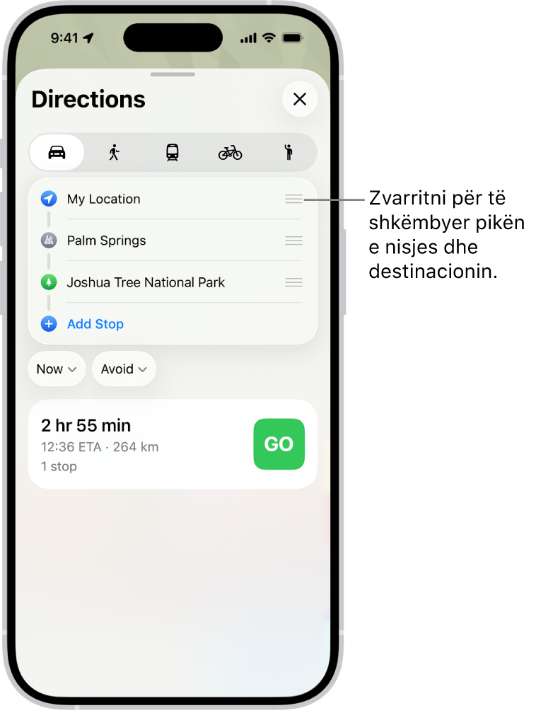 Një hartë me disa itinerare të mundshme për udhëzimet e lëvizjes midis My Location dhe një destinacioni.