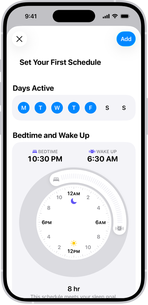 Екран Set Your First Schedule у апликацији Health, са одељком Days Active и сатом Bedtime and Wake Up.