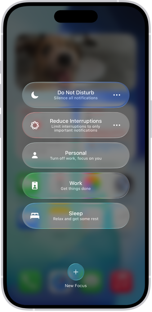 Control Center у ком су приказане опције функције Focus, са дугмадима за подешавање трајања опција функције Focus.