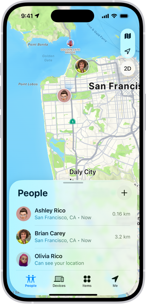 Екран Find My приказује листу People и њихове локације на мапи.