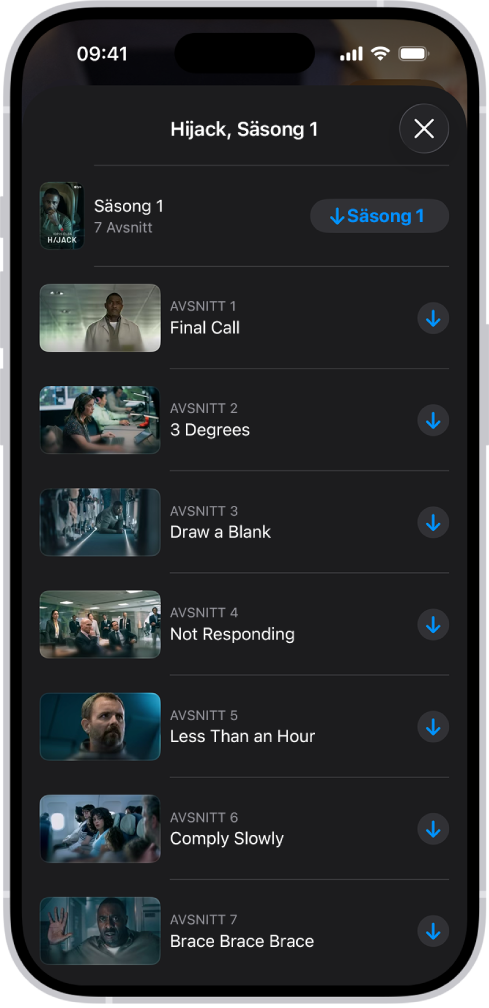 Fliken Apple TV visar en lista med avsnitt av ett Apple Original-program. Knappar för att hämta hela säsongen och varje avsnitt visas på högra sidan av skärmen.