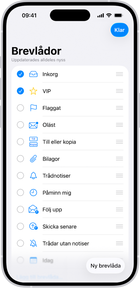 Ändringsskärmen för brevlådor. Frivilliga brevlådor visas uppifrån och ned med en kryssruta till vänster om varje alternativ. I det nedre högra hörnet på skärmen finns en knapp med namnet Ny brevlåda.