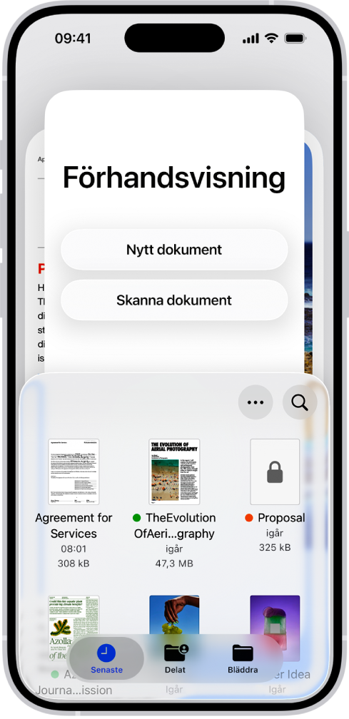 Dokumentbläddraren i Förhandsvisning. I mitten av skärmen finns knapparna Nytt dokument, Skanna dokument, Mer och Sök. Längst ned på skärmen finns knapparna Senaste, Delat och Bläddra.