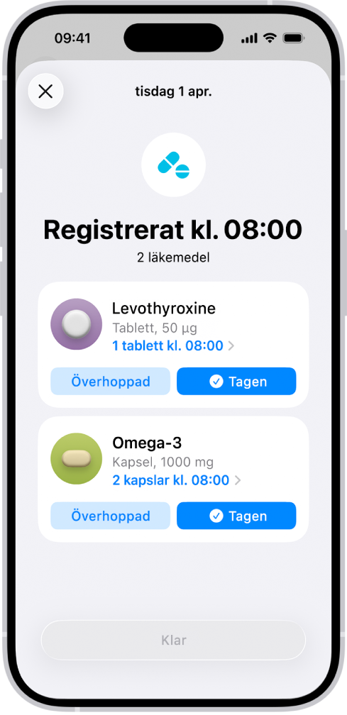 Skärmen Läkemedel i Hälsa med en logg för läkemedel.