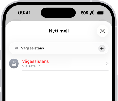 Ett nytt meddelande adresserat till ”vägassistans”. Nedanför finns en länk till Vägassistans via satellit.