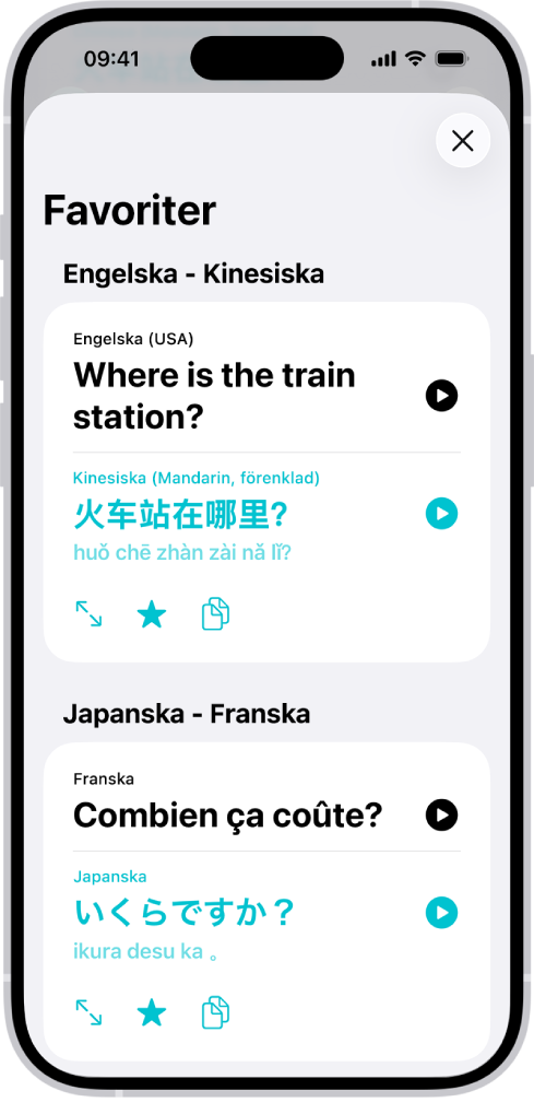Fliken Favoriter som visar sparade fraser som översatts från engelska till kinesiska och franska till japanska.