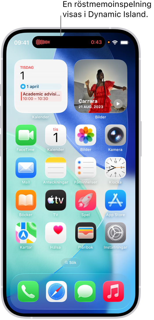 Hemskärmen för iPhone 14 Pro visar en Röstmemon-inspelning som pågår i Dynamic Island överst på skärmen.