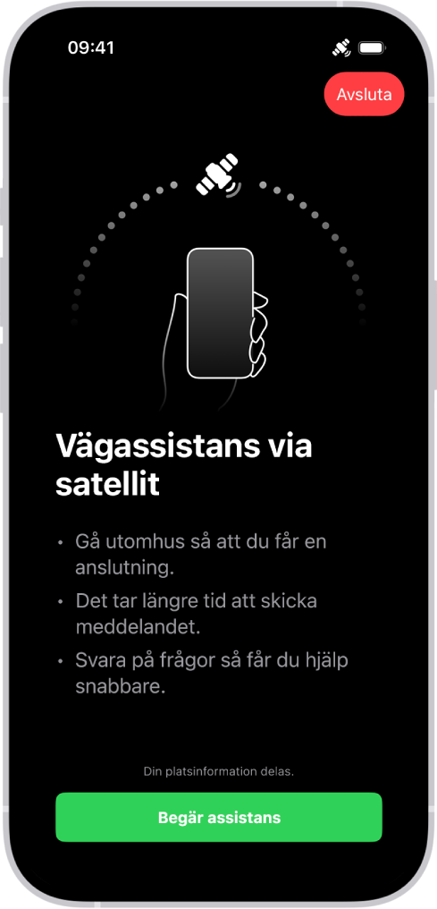 Skärmen Vägassistans via satellit. Knappen Begär assistans finns längst ned på skärmen.