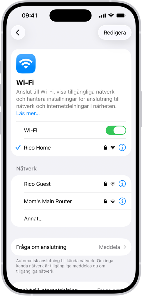 Skärmen med Wi-Fi-alternativ i Inställningar. Wi-Fi är på och ett nätverk är valt.