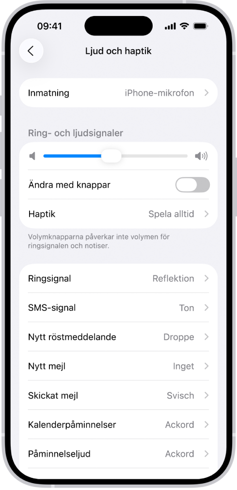 Skärmen Ljud och haptik i Inställningar.