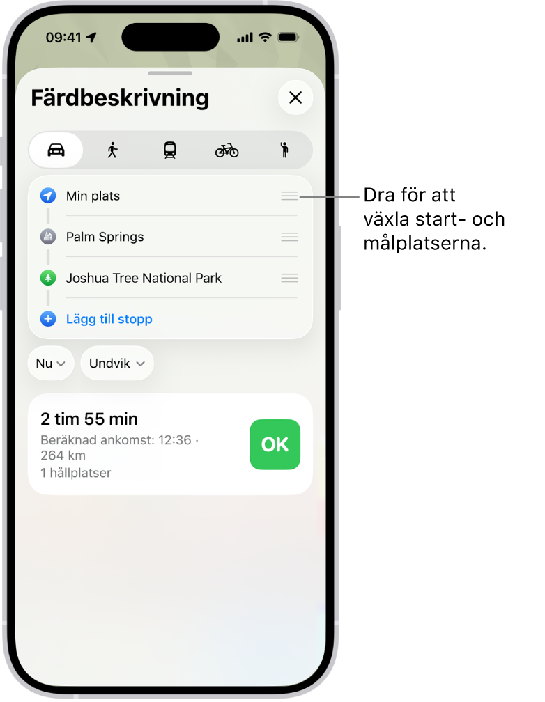 En karta med flera möjliga rutter för färdbeskrivning för bil mellan Min plats och ett mål.