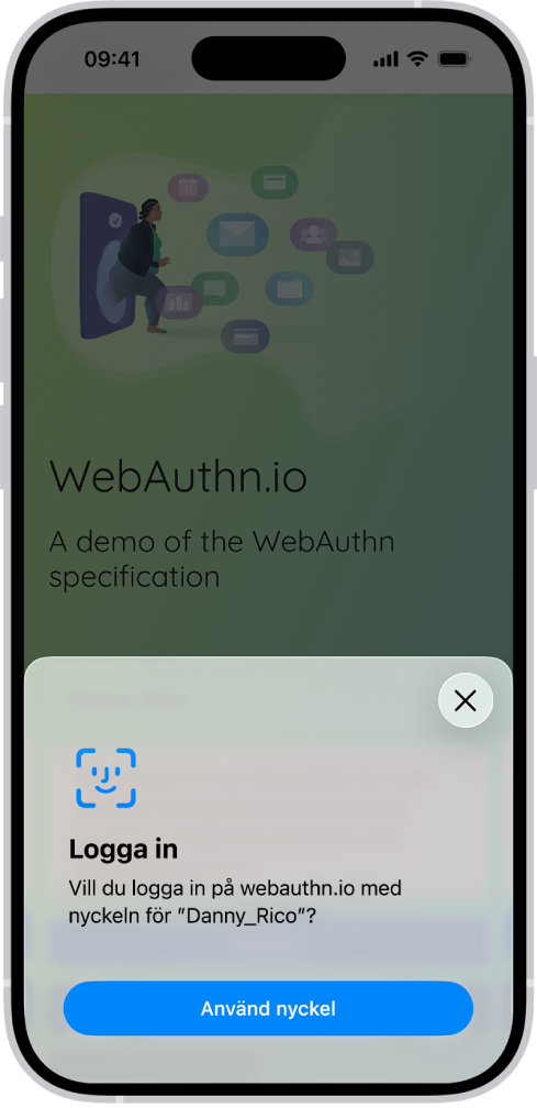 Den nedre halvan av iPhone-skärmen visar alternativet att använda en nyckel för att logga in på en webbplats.