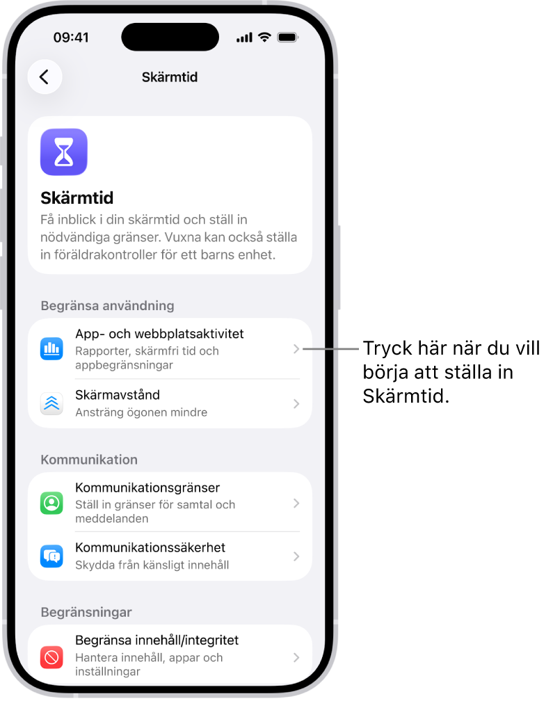 Skärmen för inställning av Skärmtid som visar att du trycker på App- och webbplatsaktivitet för att komma igång.