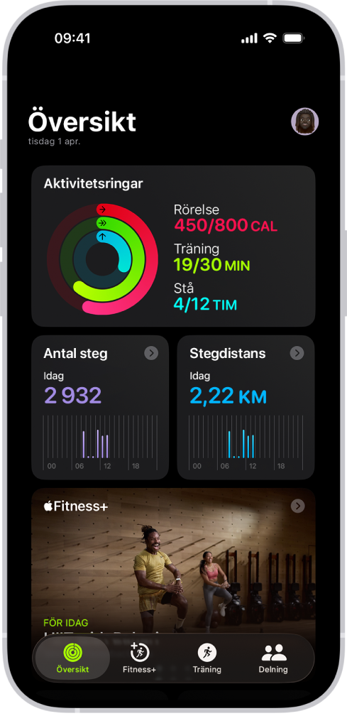 Översiktsskärmen i Fitness med områdena Aktivitetsringar, Antal steg, Stegdistans och Apple Fitness+:.