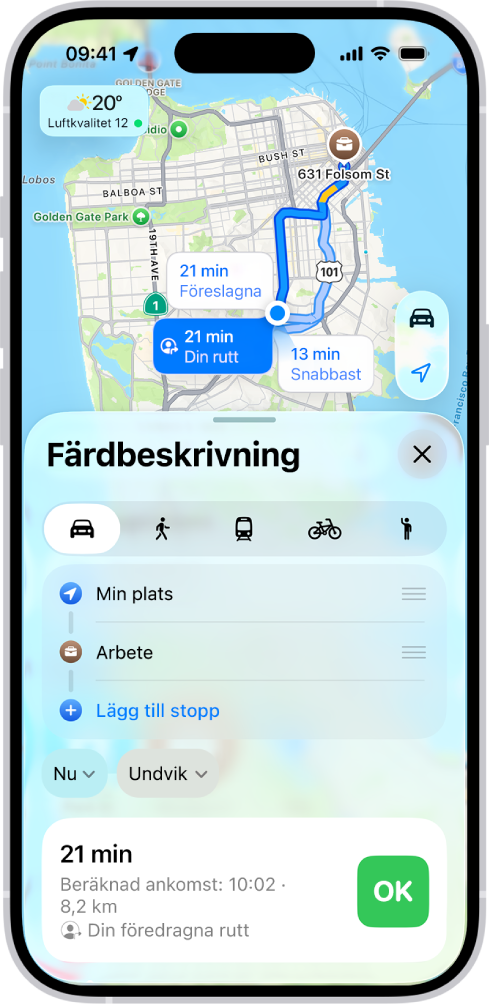 En iPhone visar en karta med flera olika bilruttalternativ till samma målplats. För varje rutt visas beräknad tid och avstånd samt en OK-knapp till att starta en stegvis färdbeskrivning. Färgkoder på vardera rutt visar trafikförhållanden.