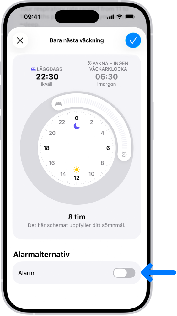 Skärmen Bara nästa väckning i Hälsa med alarmet avstängt längst ned.