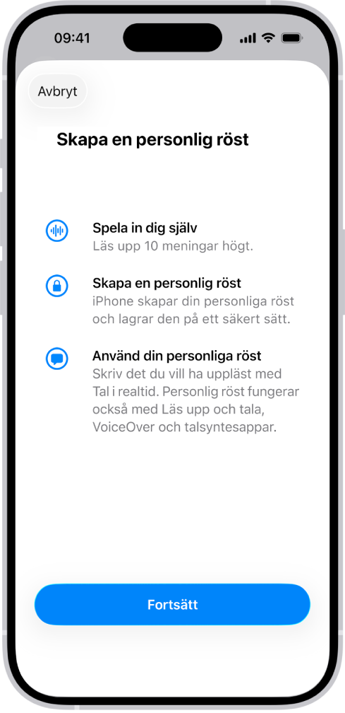 En iPhone med information om hur du skapar en personlig röst.