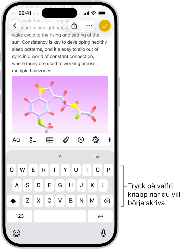 Ett dokument är öppet i appen Anteckningar. Skärmtangentbordet finns i den nedre halvan av skärmen.