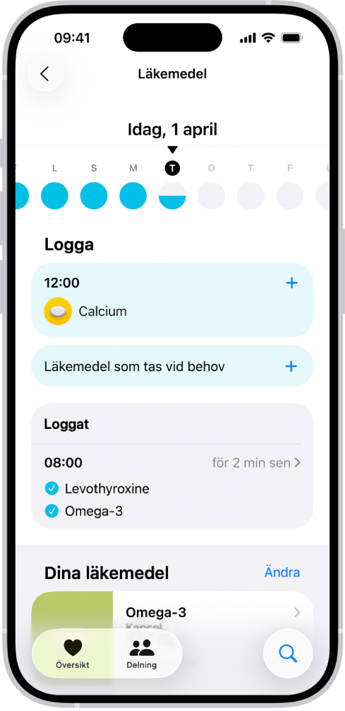 Skärmen Läkemedel i Hälsa med datumet och en logg för läkemedel.