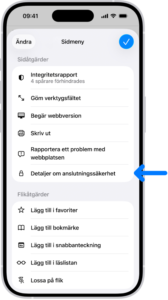 Sidmenyn är öppen i Safari och reglaget Detaljer om anslutningssäkerhet finns halvvägs ned på sidan.