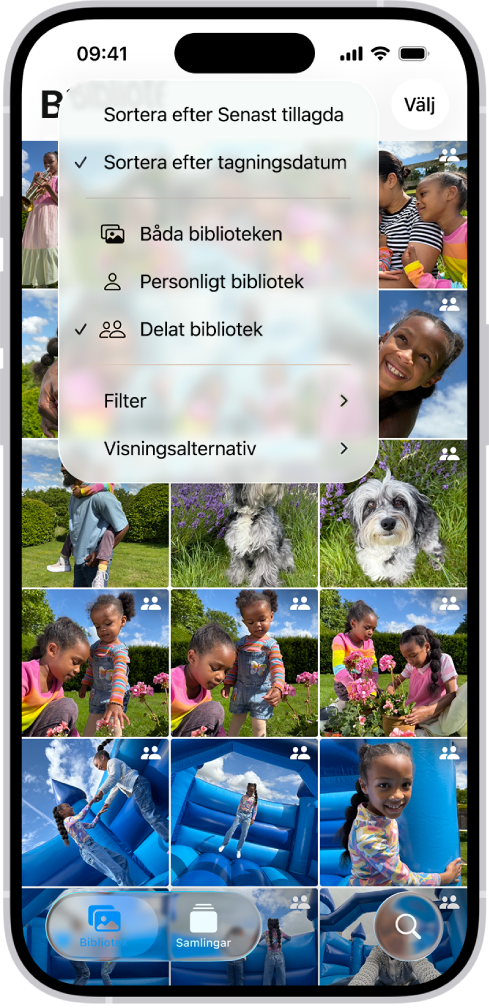 Ett delat iCloud-bildbibliotek i appen Bilder. Knappen Delat bibliotek i det nedre vänstra hörnet är markerad och Delat bibliotek är markerat i en lista med biblioteksalternativ. Alla bilderna som visas i biblioteket har ett märke för delat bibliotek i det övre högra hörnet.