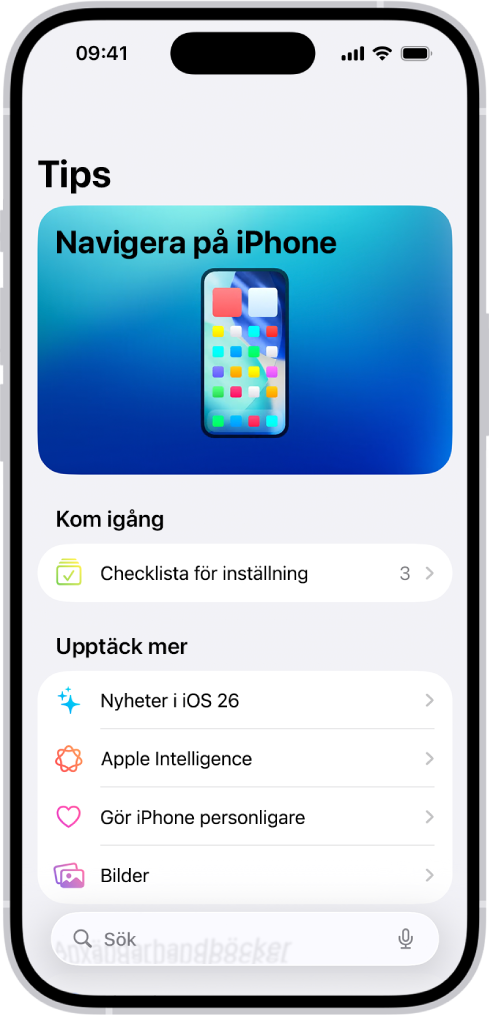 En skärm som visar en samling med tips med pilar som indikerar att du kan trycka på en samling för att visa tipsen i den.