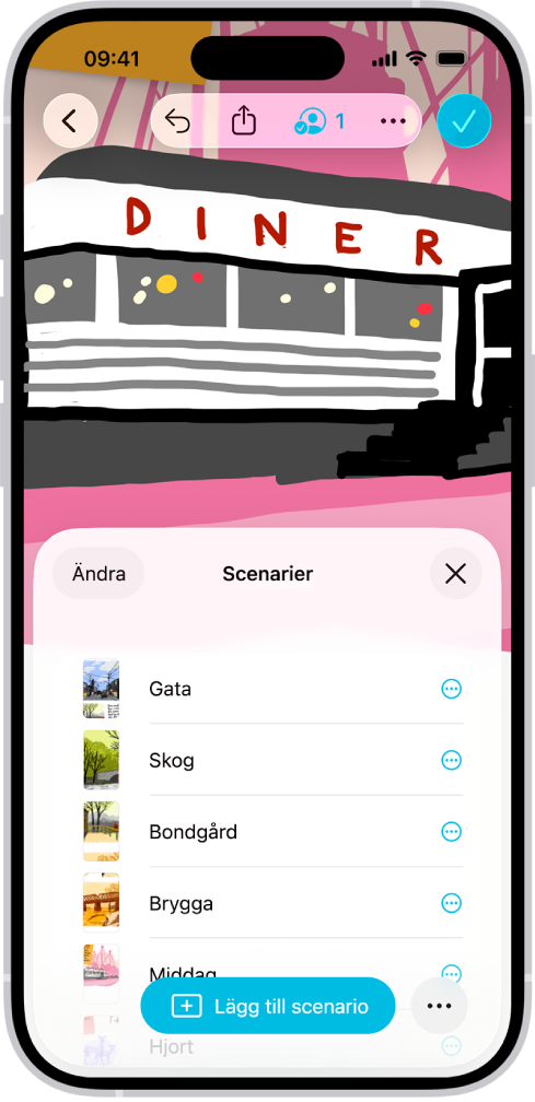 En Freeform-tavla med scenarienavigatorn öppen och flera sparade scenarier.