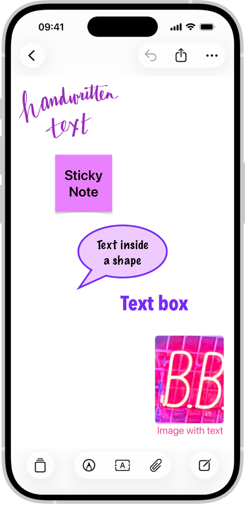 En Freeform-tavla med text renderad i en teckning, kom-ihåg-lapp, form, textruta och bild.